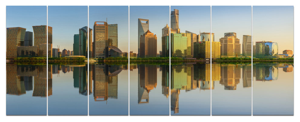 Shanghai Huangpu River at Sunset, Cityscape Canvas Art Print, 83"x32", 7 Panels