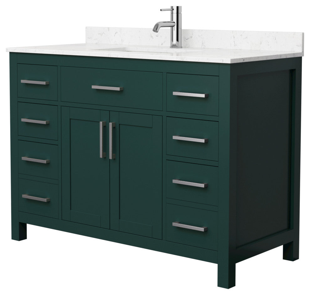 48"SGL Bathroom Vanity Green, Carrara Cult. Marble Countertop, Sink, Nickel Trim