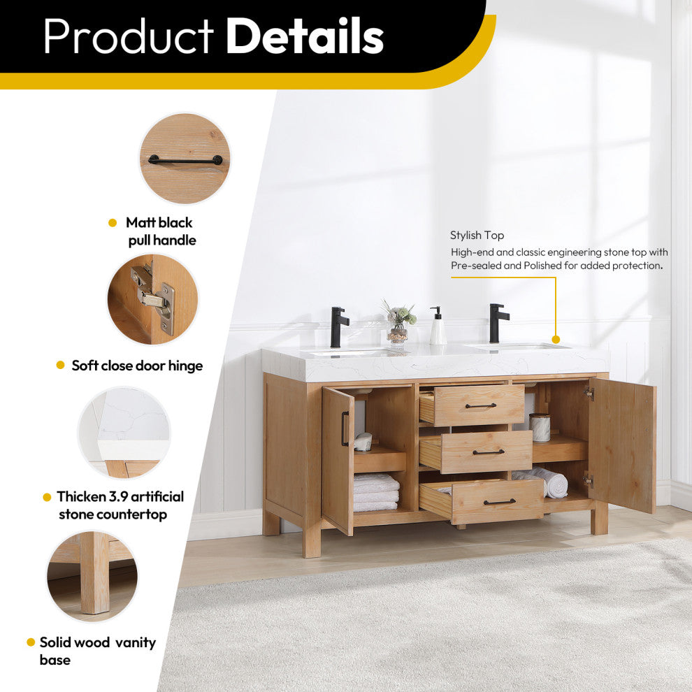 Leon Bath Vanity With Composite Stone Top, Fir Wood Brown, 60" Double Sink, No Mirror