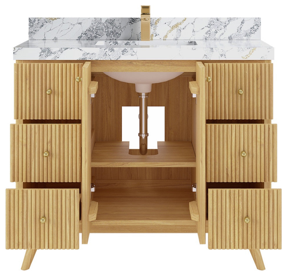 Pasadena 42" Single Sink Bath Vanity, Light Natural Teak 2" Calacatta Poanazzo