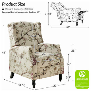 Upholstered Manual Recliner With Wingback,Set of 2, Bird