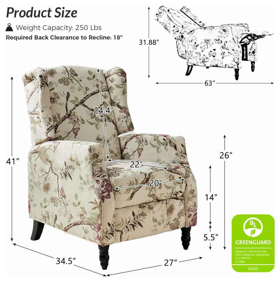 Upholstered Manual Recliner With Wingback,Set of 2, Bird