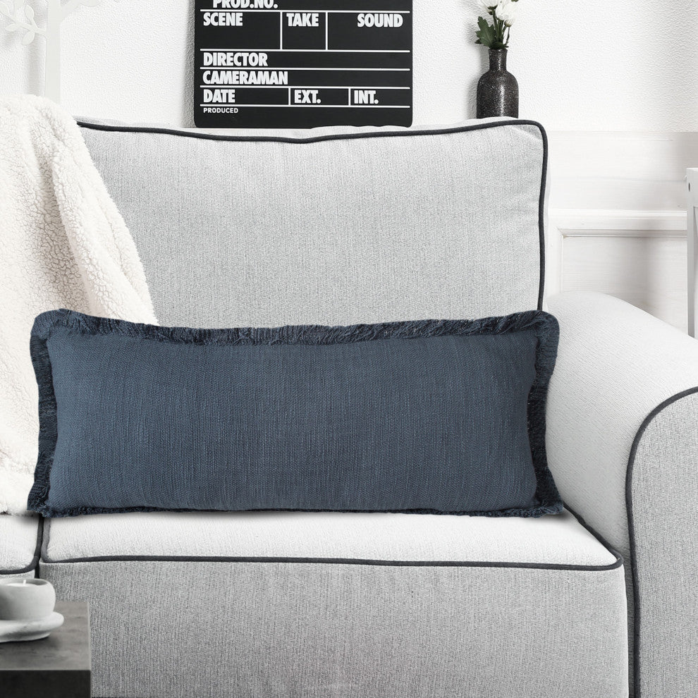 Ox Bay Handwoven Navy Blue Distressed Organic Cotton Pillow Cover, 14"x36"