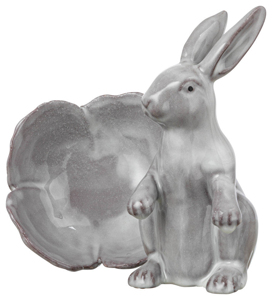 Stoneware Rabbit Figurine with Flower Shaped Bowl, White