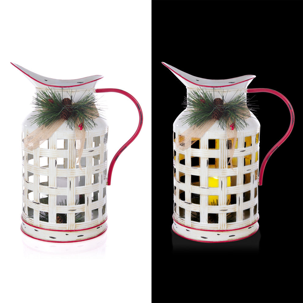 White Metal Pitcher with Candle DÃ©cor and LED Light