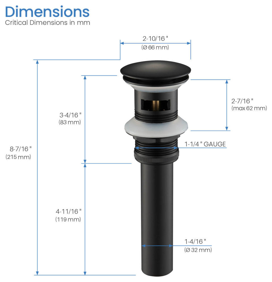 Pop Up Drain Stopper Full Cover with overflow "“ KPW102, Matte Black
