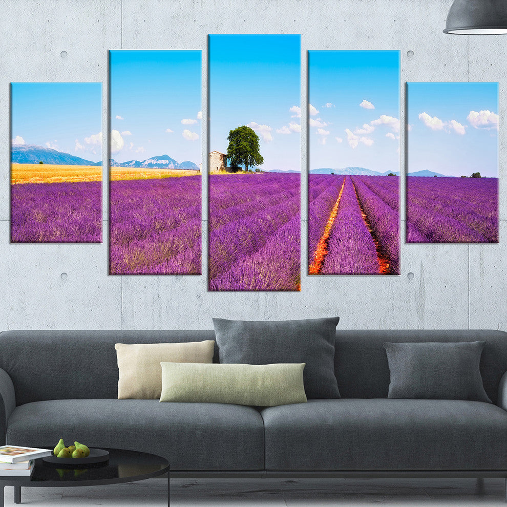 "Remote House And Tree in Lavender Field" Landscape Wall Art, 5 Panels, 60"x32"