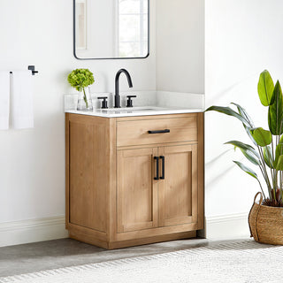 Gavino Vanity With Grain White Composite Stone Top, Light Brown/Matte Black, 30", No Mirror