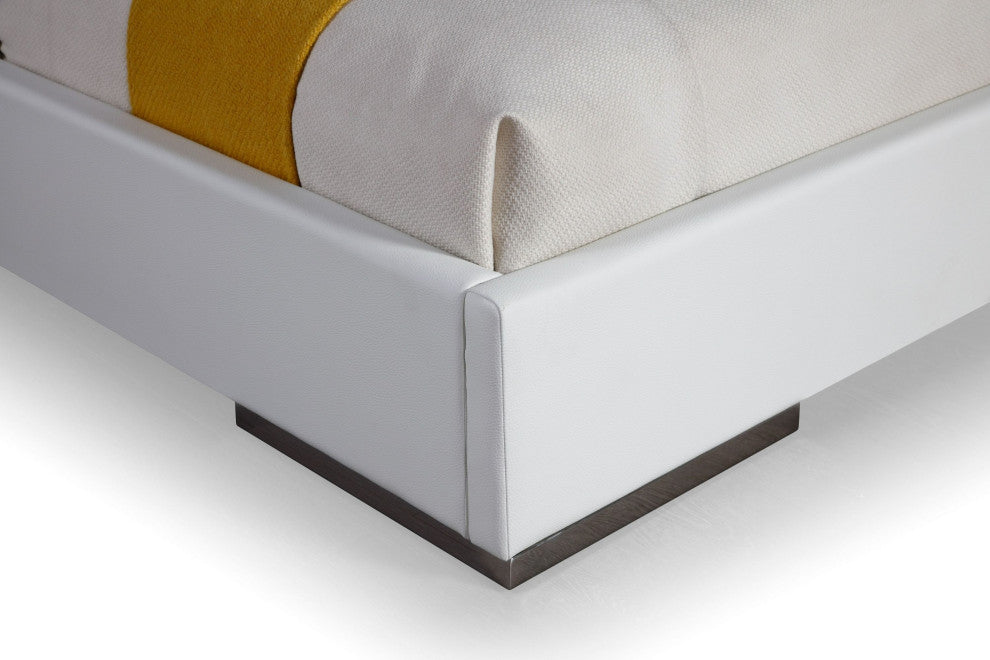 Modrest Cartier Modern White Vegan Leather + Stainless Steel Bed, Queen