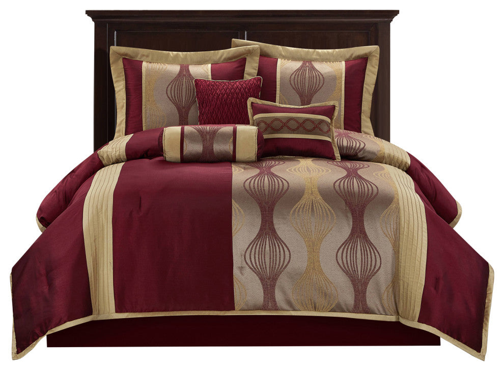 Kath 7-Piece Jacquard Comforter Set, Wine Gold, King