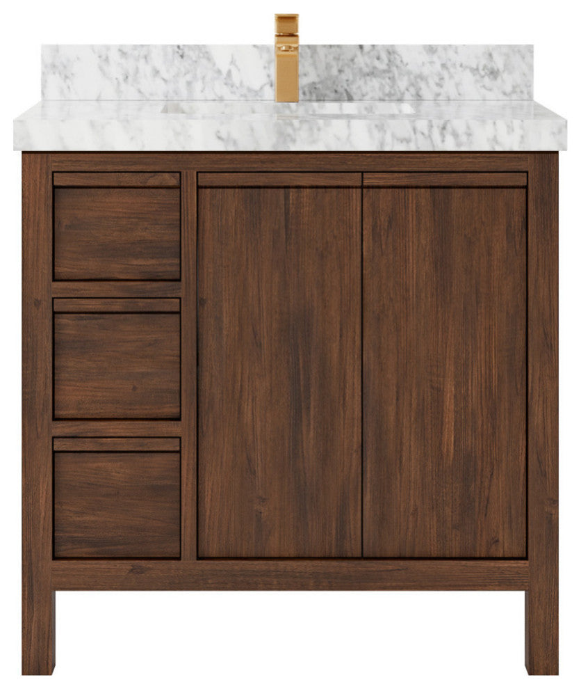 Elizabeth 36 Center Sink Bath Vanity in Dark Walnut Teak 2" Carrara Marble