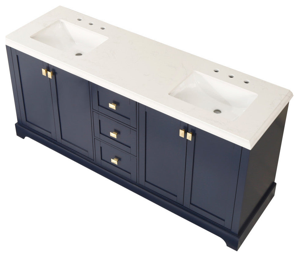 Freestanding Double Bathroom Vanity with White Carrara Marble Top, Navy Blue, 72"