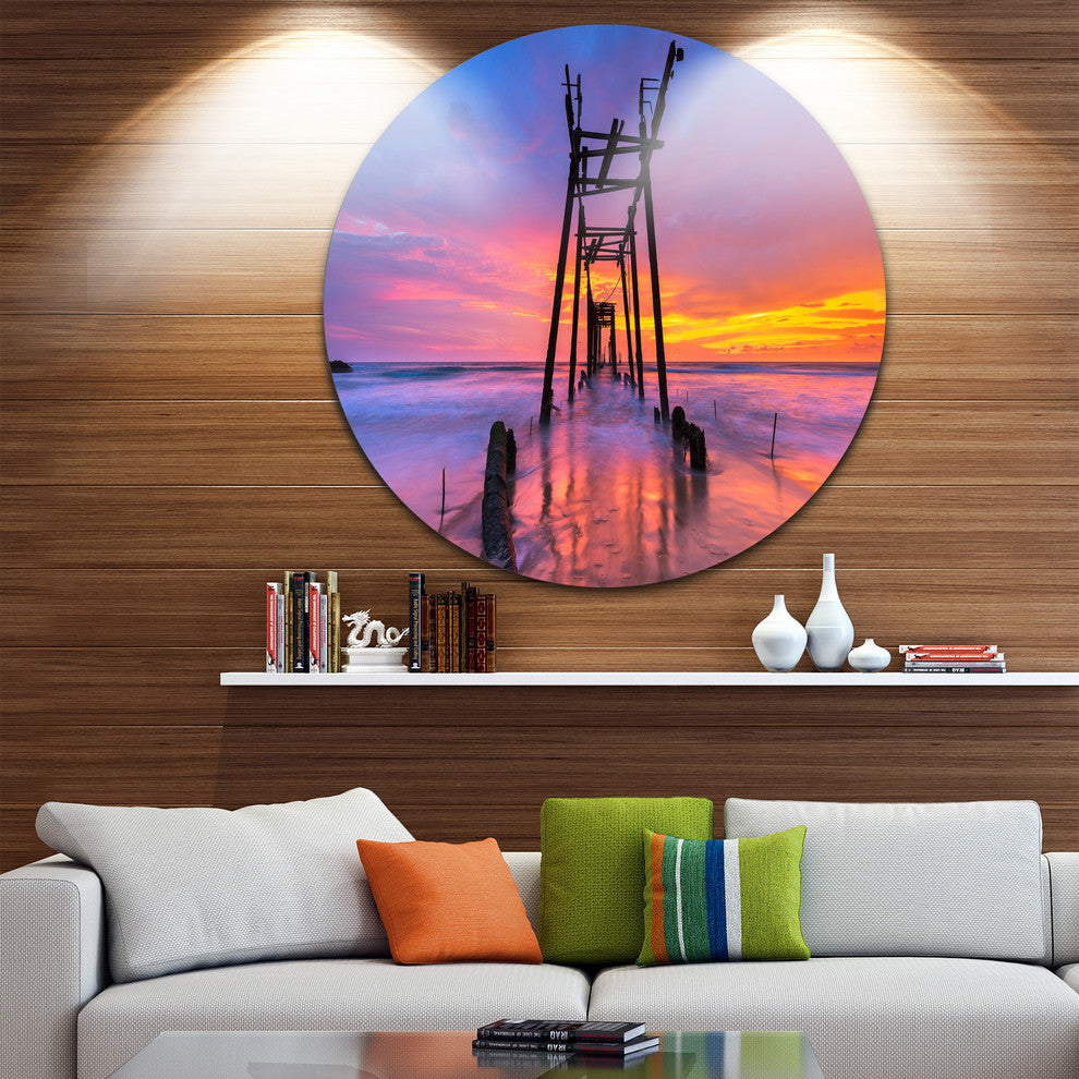 Discarded Wooden Bridge At Sunset, Seascape Round Metal Wall Art, 11"