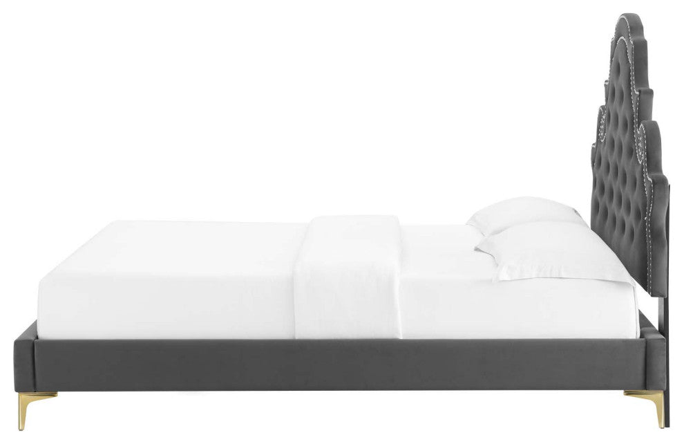 Tufted Platform Bed Frame, Full Size, Velvet, Gray, Modern Contemporary