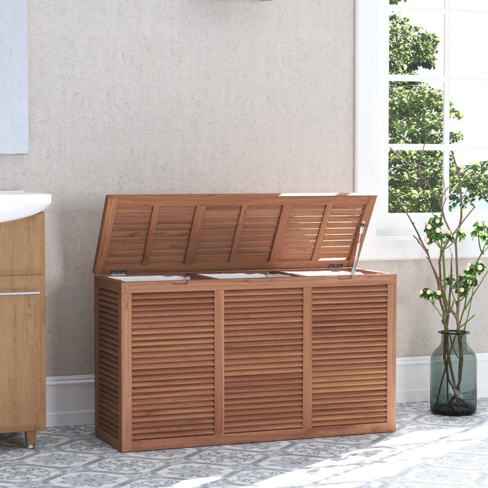 Nila Triple Size Wall-Hugging Teak Louvered Hamper