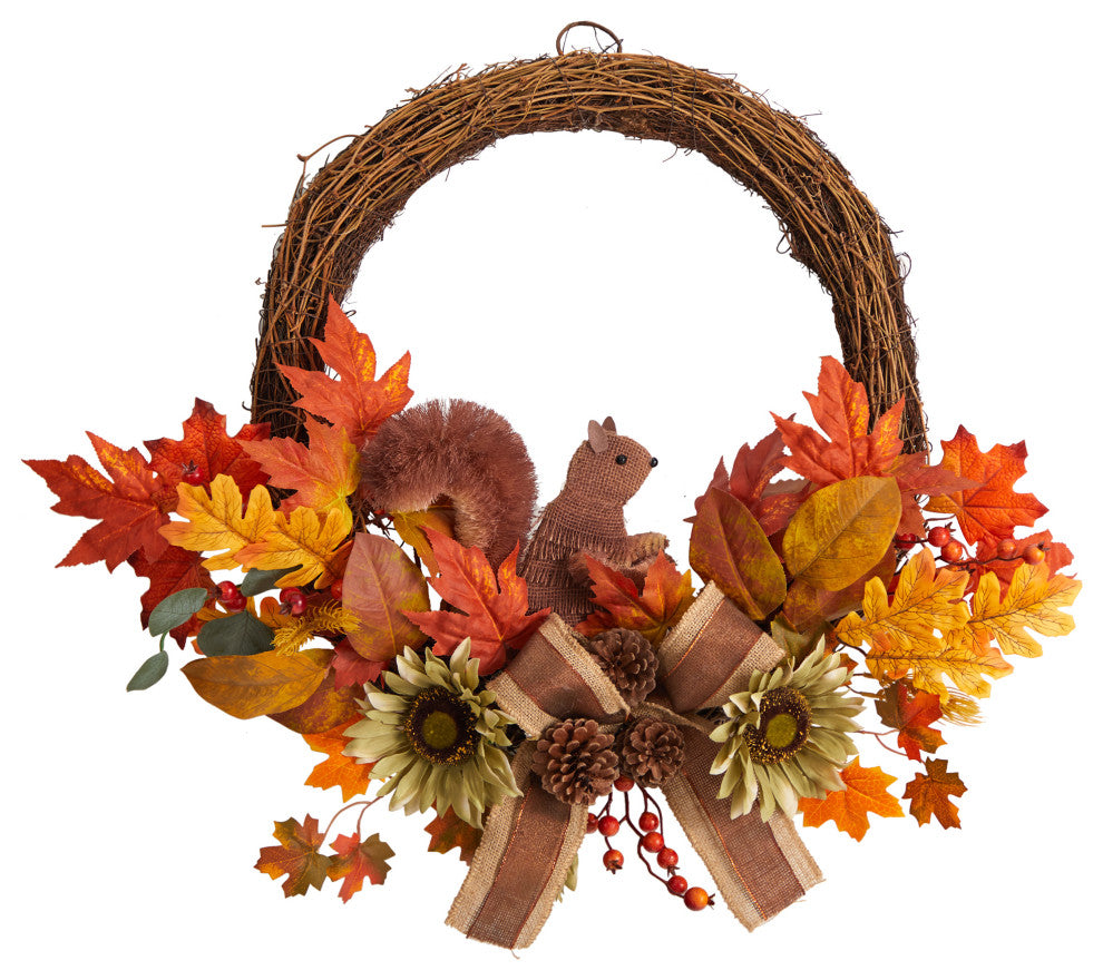 W1183 26 Fall Harvest Artificial Autumn Wreath With Twig Base and Bunny
