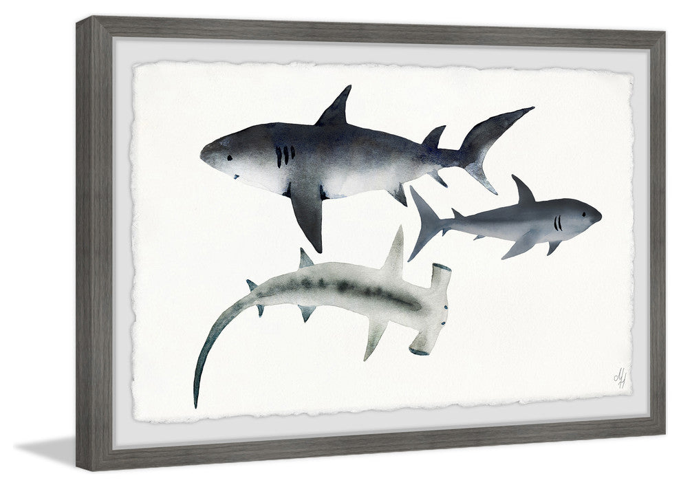 "Gray Sharks" Framed Painting Print, 12"x8"