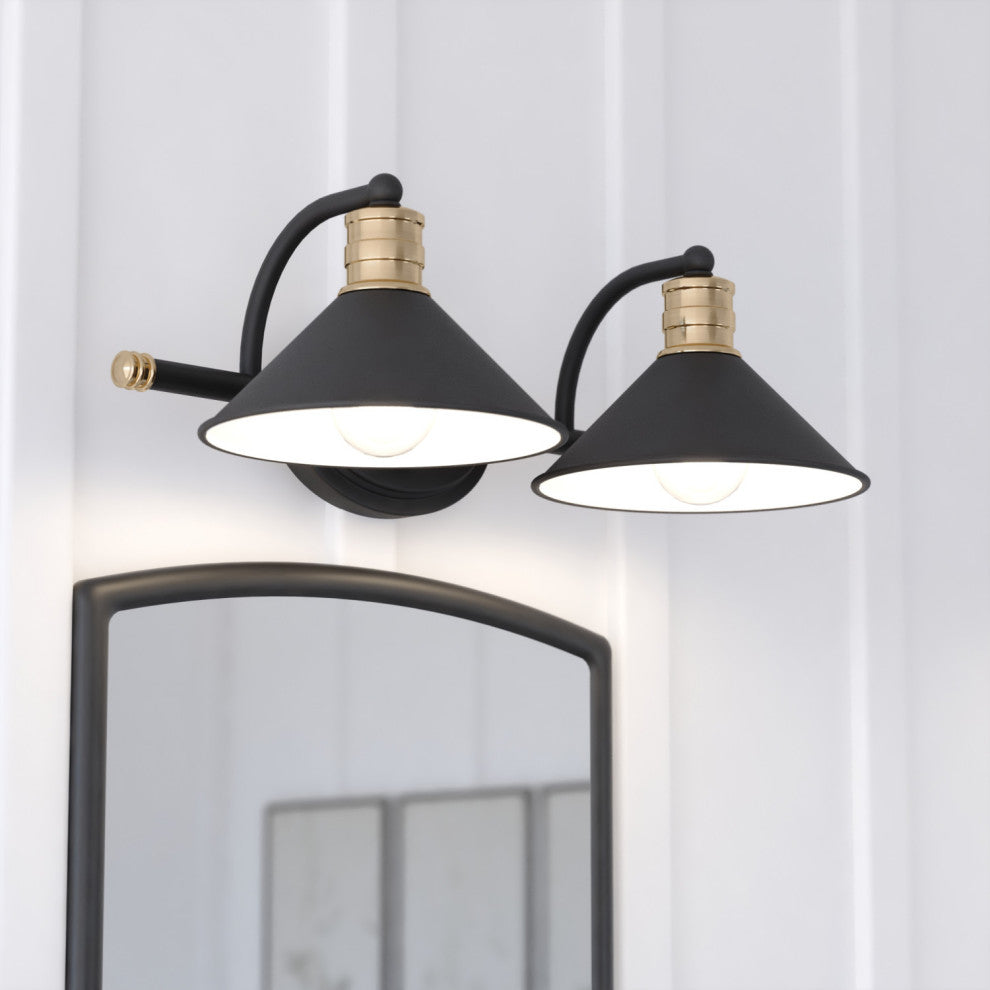 Akron 2 Light Vanity Matte Black and Natural Brass with Matte White