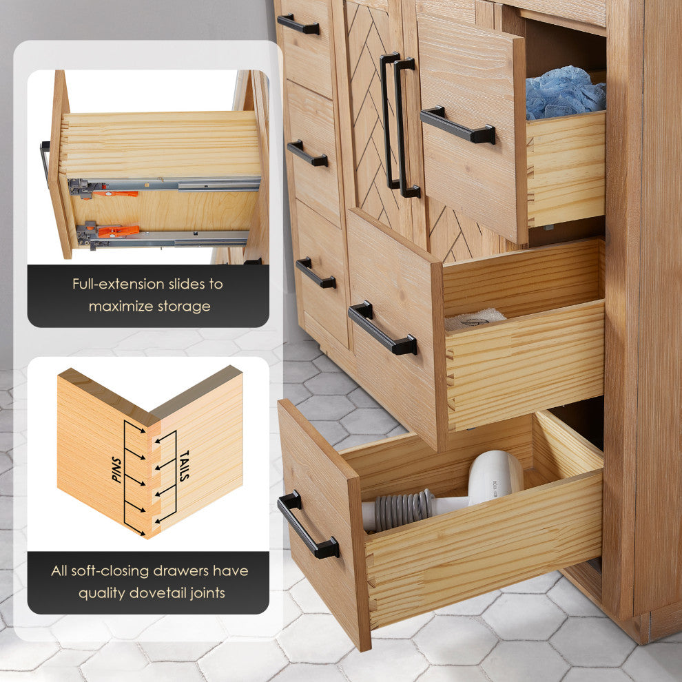 Anais Vanity Grain White Engineered Stone Countertop, Light Brown, 60", No Mirror