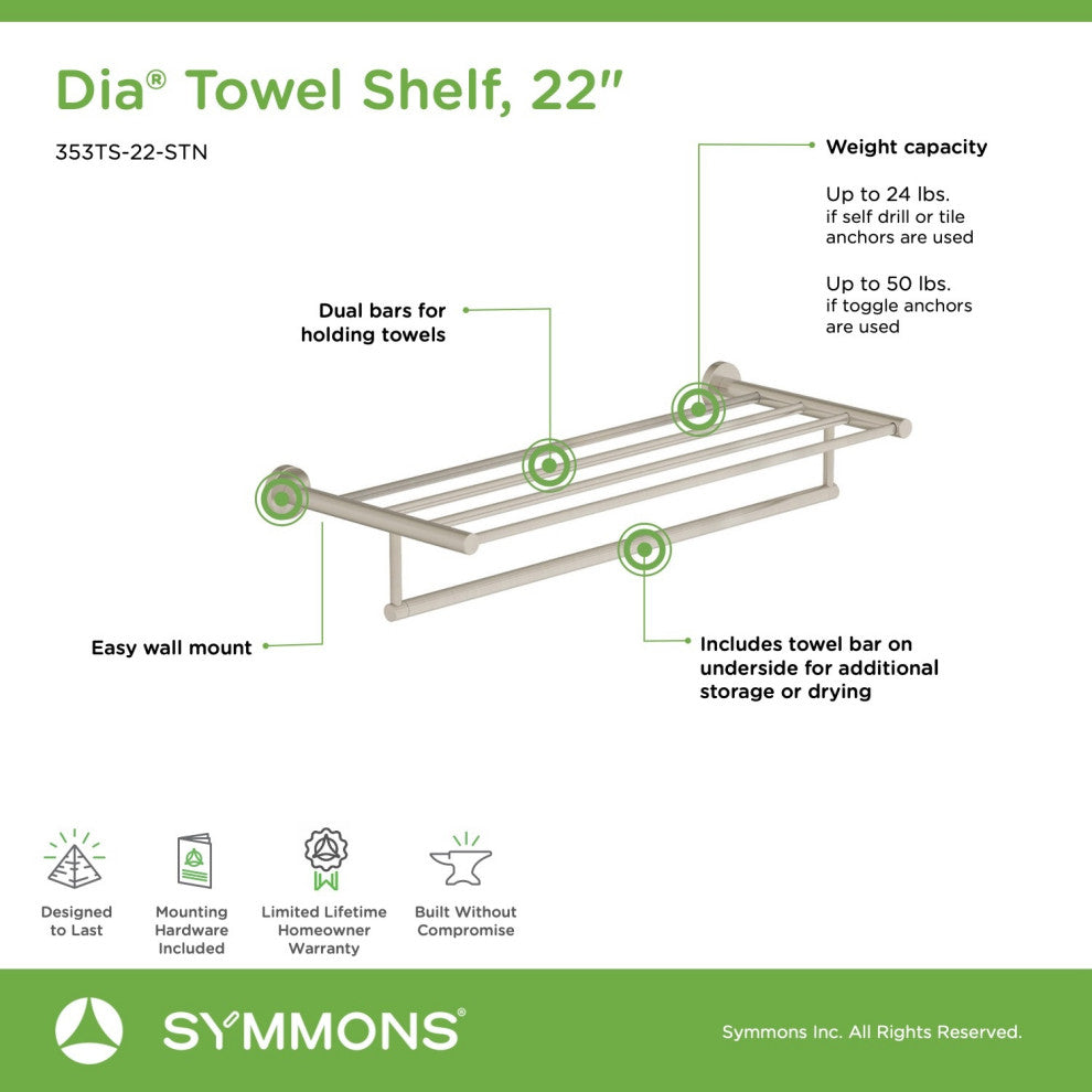 Dia 22 Inch Towel Shelf with Mounting Hardware, Satin Nickel