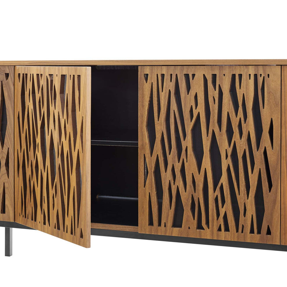 Media TV Stand Console Table, Rectangular, Wood, Metal, Brown Walnut, Modern