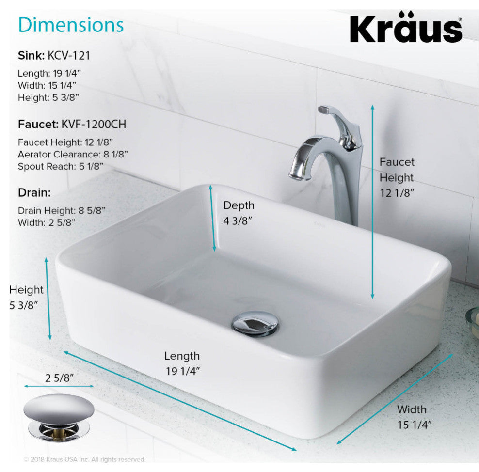 Elavo Rectangle Ceramic Vessel Sink, Bathroom Arlo Faucet, Drain, Chrome