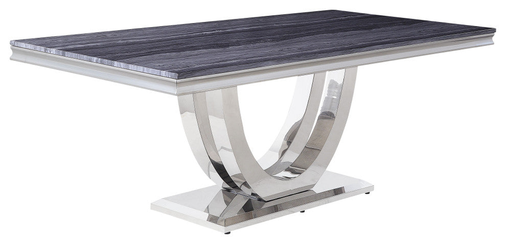 ACME Cambrie Dining Table, Faux Marble and Mirrored Silver