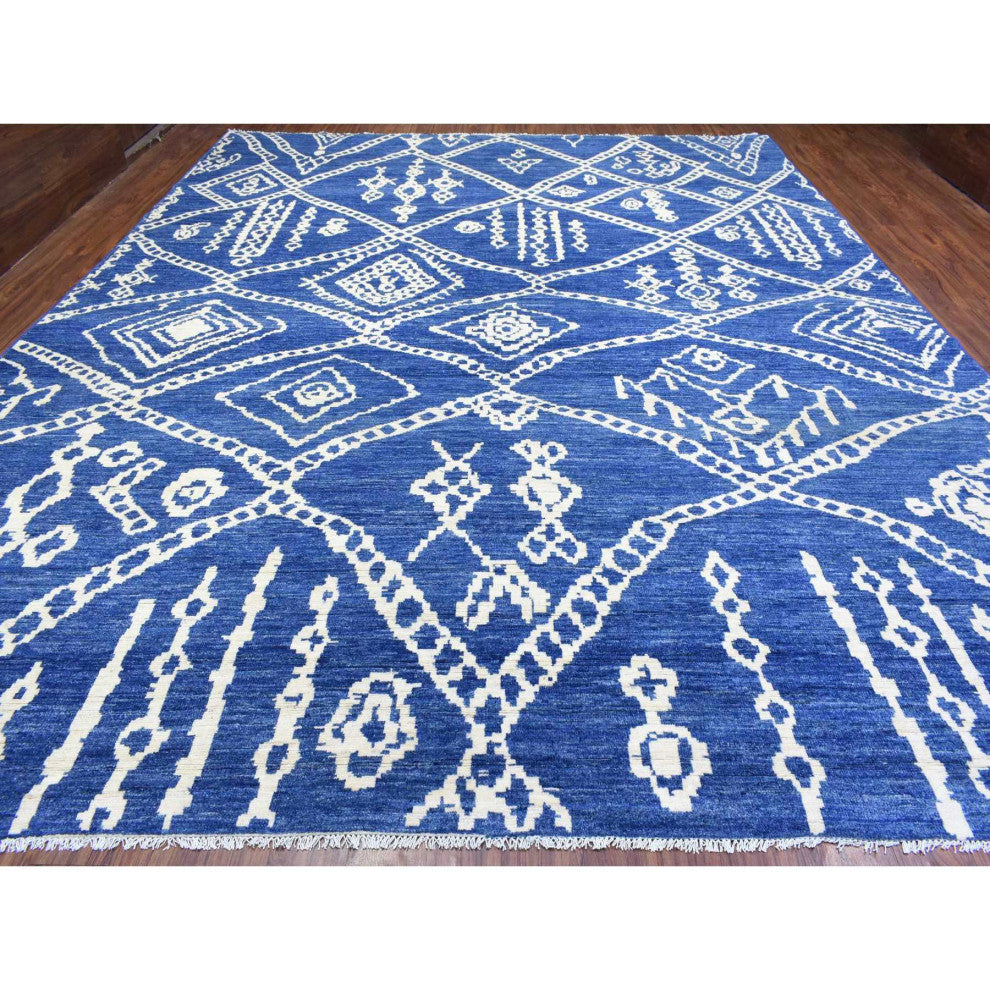 Blue Boujaad Moroccan Berber Pure Wool Hand Knotted Oversized Rug, 12'2"x15'2"