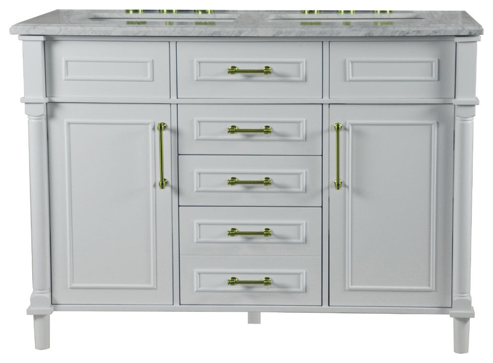 48" Double Vanity, White With White Carrara Marble Top