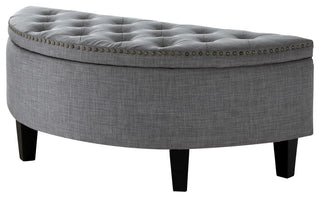 Laura Linen Button Tufted Nailhead Trim Half Moon Storage Ottoman, Light Grey
