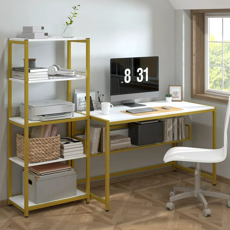 Multifunctional Desk, Golden Metal Frame & Spacious Top With Raised Shelf, White