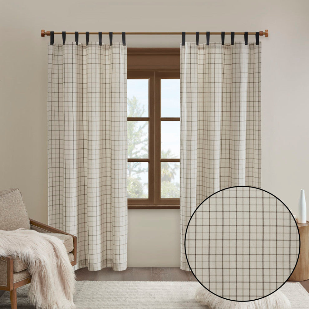 Madison Park Anaheim Plaid Window Panel with Fleece Lining, Beige, Beige, 50x84", Leather Tap Window Panel