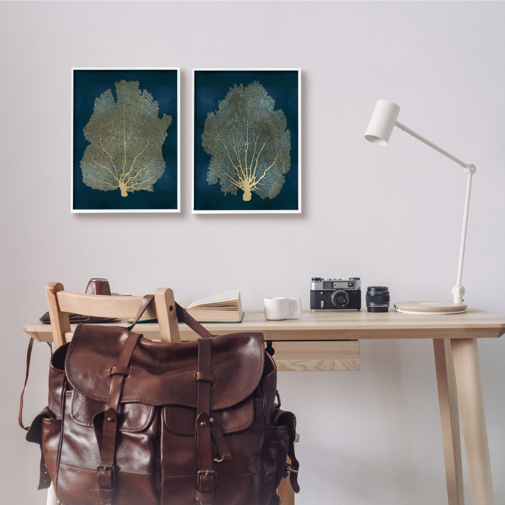 Modern Sea Fan Composition Blue Gold Ocean Plant,2pc, each 11 x 14