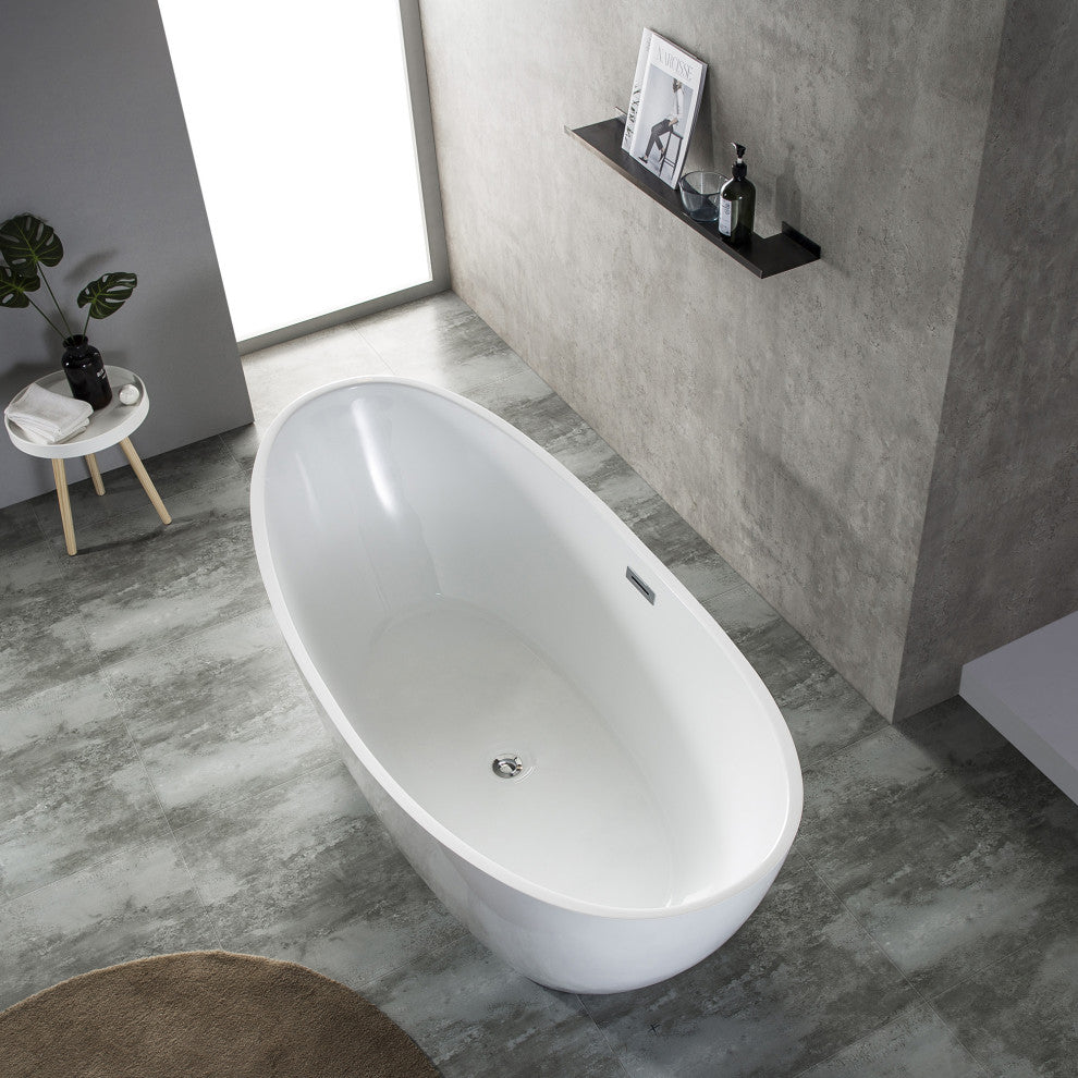 Acrylic Freestanding Oval Bathtub With Drain and Overflow Cover, 67"
