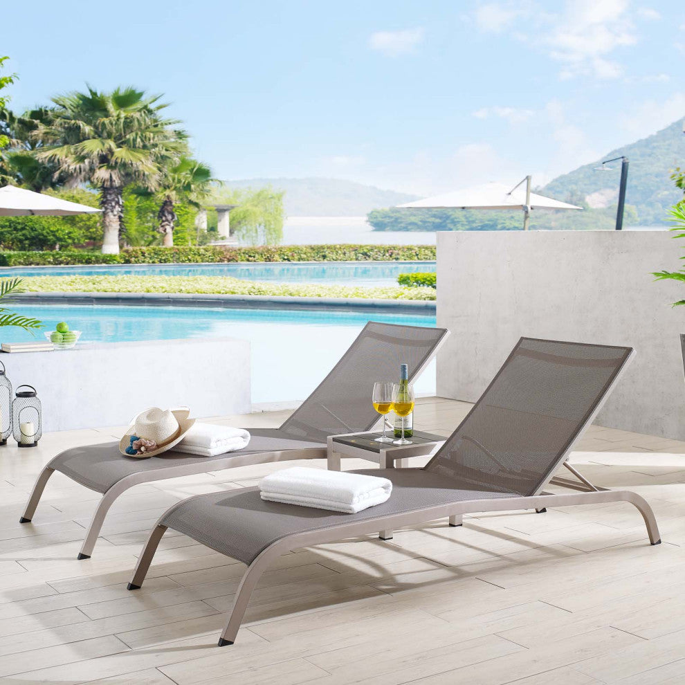 Lounge Chair Chaise Table Set, Aluminum, Metal, Gray, Modern, Outdoor Patio