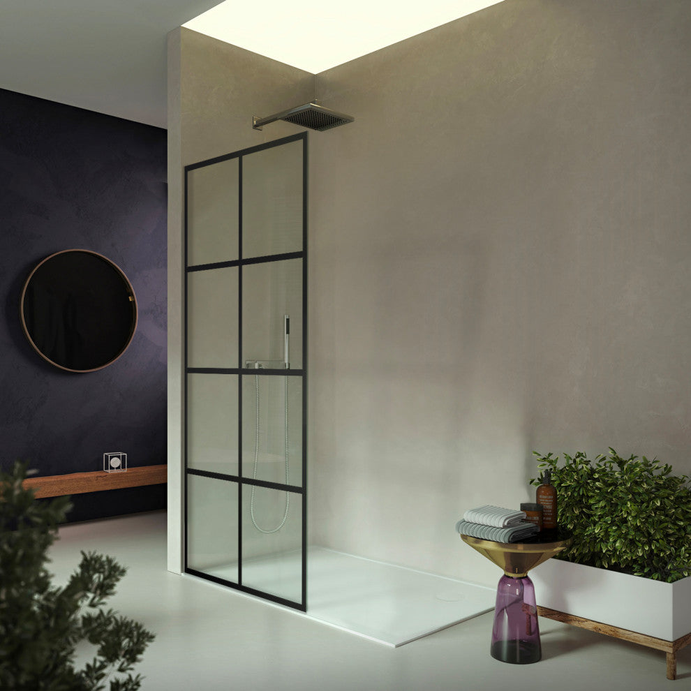Madeira Grid Pattern Fixed Shower Screen, EnduroShield, Matte Black, 36"x76"