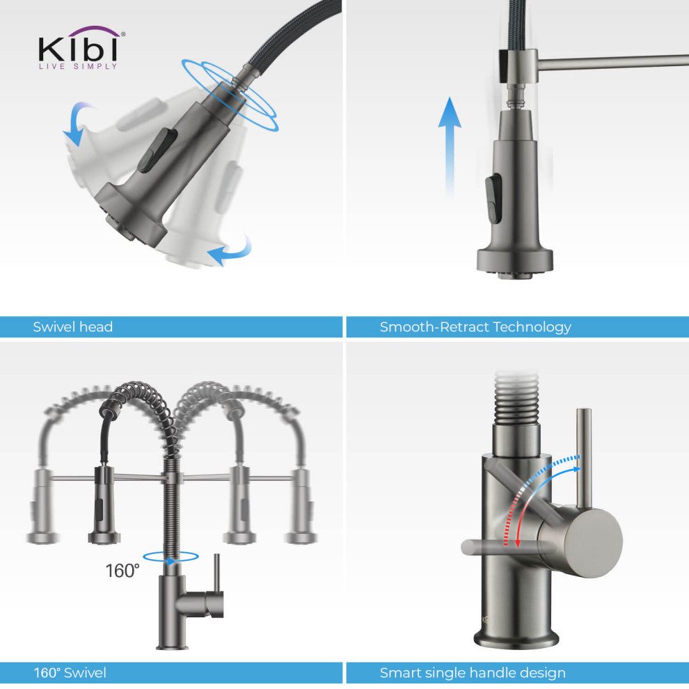 Aurora Single Handle Pull Down Kitchen Faucet, Titanium, W/ Soap Dispenser