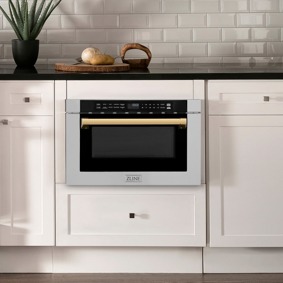 Microwave Drawer With Traditional Handles, Stainless and Gold, MWDZ-1-H-30-G