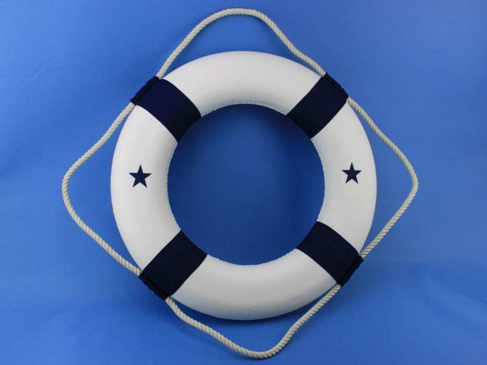 Classic Decorative Lifering, White With Blue Bands, 20"