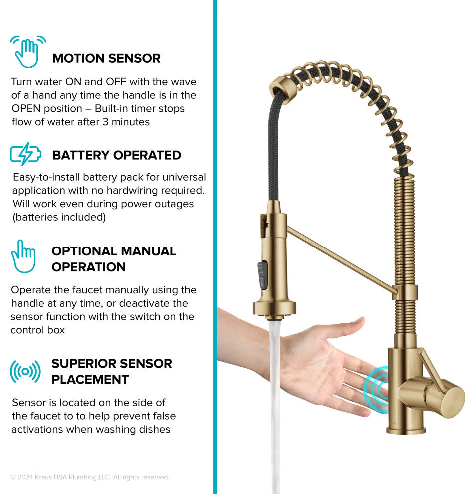 Bolden Commercial Style 2-Function Pull-Down 1-Handle 1-Hole Kitchen Faucet, Brushed Brass (Sensor Touchless)