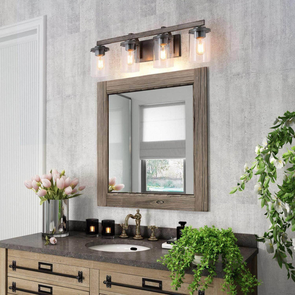 LNC Black Modern Farmhouse Glass-Cylinder Bathroom Vanity Light, 4 Lights, Wood