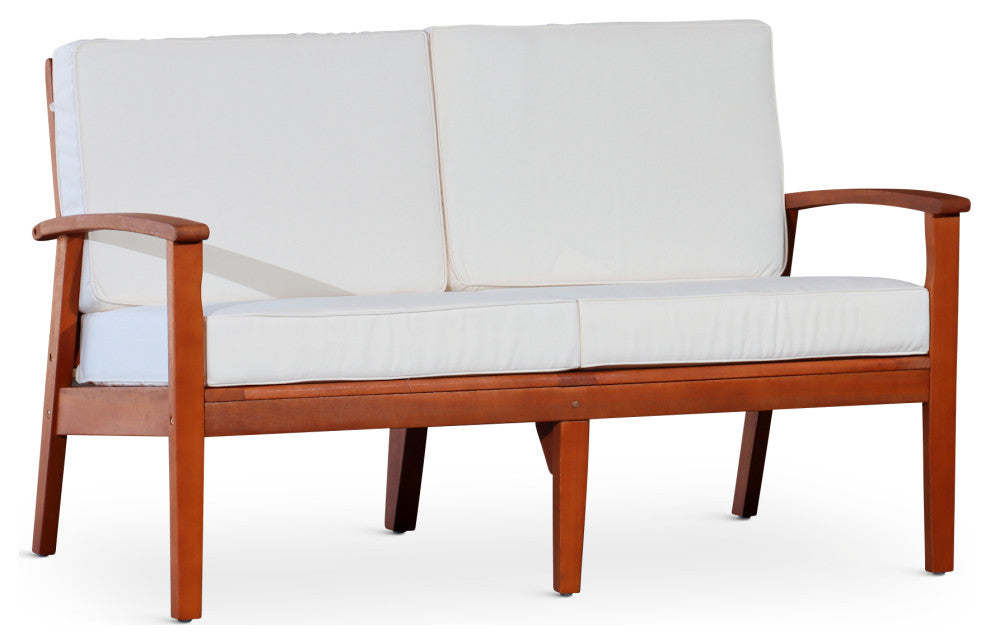 DTY Outdoor Living Longs Peak Eucalyptus Loveseat w/ Cushion, Natural Oil, Cream
