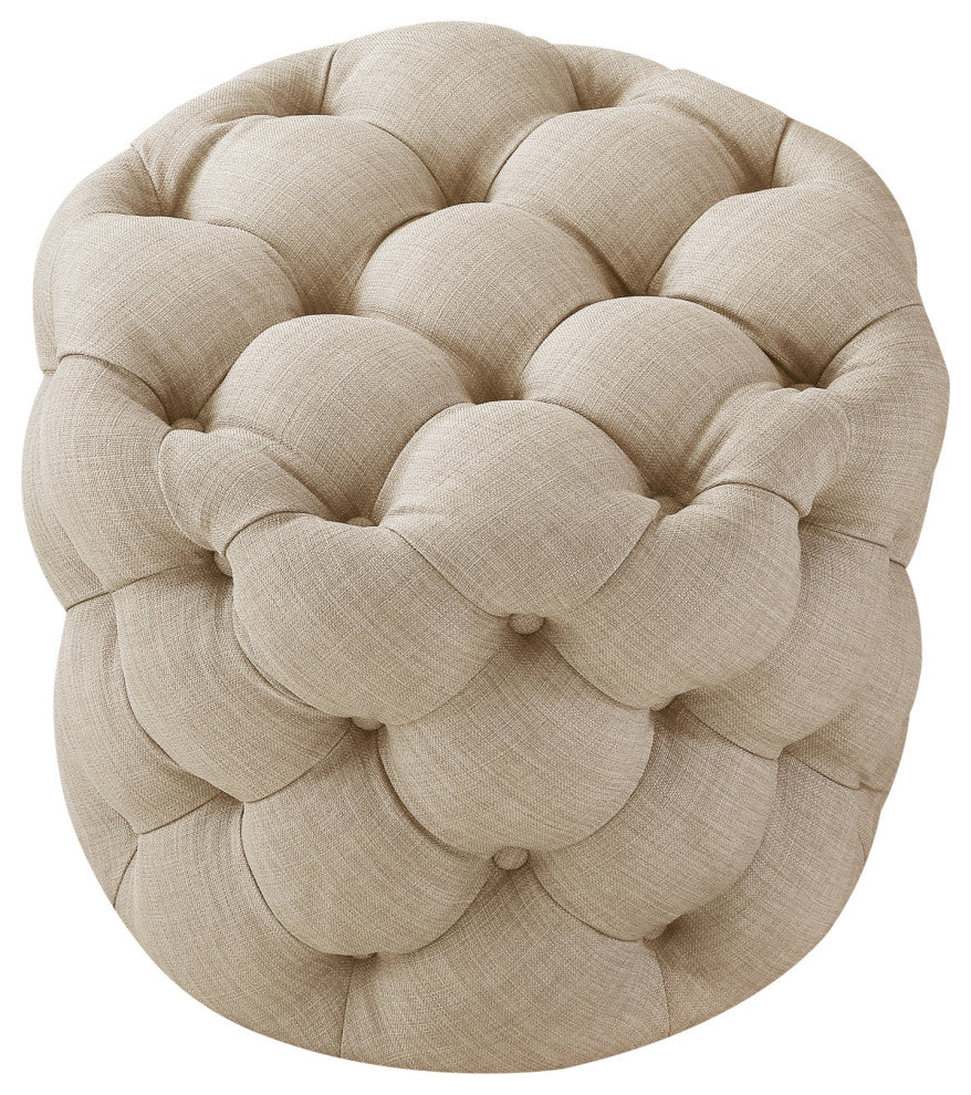 Jessica Allover Tufted Round 1 Pc Ottoman, Beige, Linen