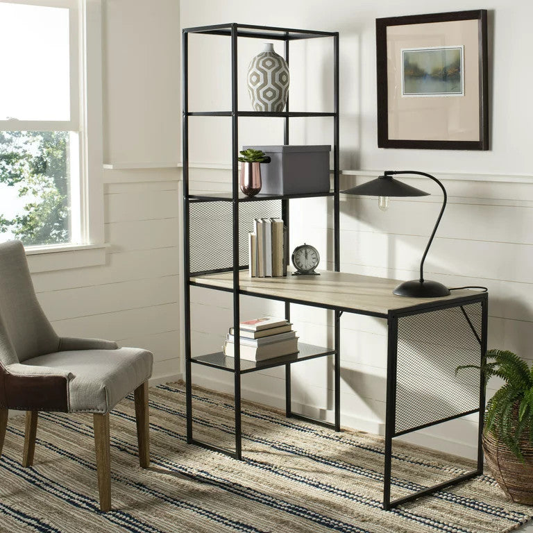 Contemporary Desk With Integrated Bookcase, Metal Frame & Multiple Open Shelves
