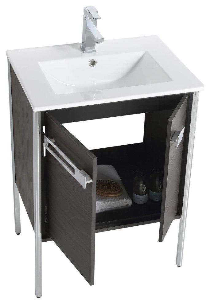 Oakville Bath Vanity, Ceramic Sink, Black Coal Oak, 24 Inch, Chrome Hardware