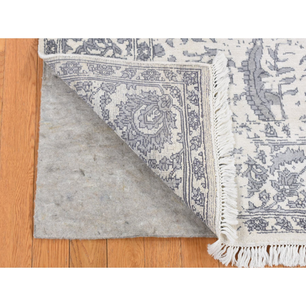 Ivory, Erased Persian Design, Plant Base Silk, Hand Knotted Rug, 5'2"x7'