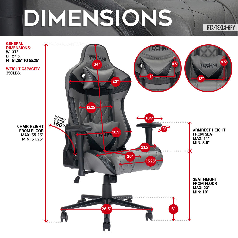 XL Ergonomic Gaming Chair, Gray