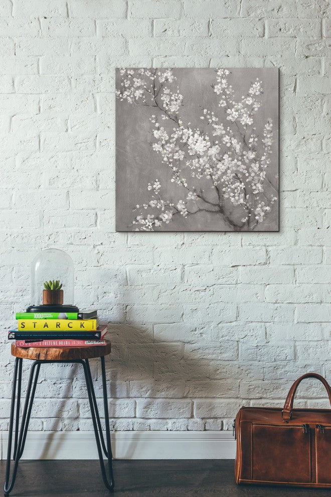 "White Cherry Blossom II on Grey" Giclee Canvas Wall Art, 26"x26"