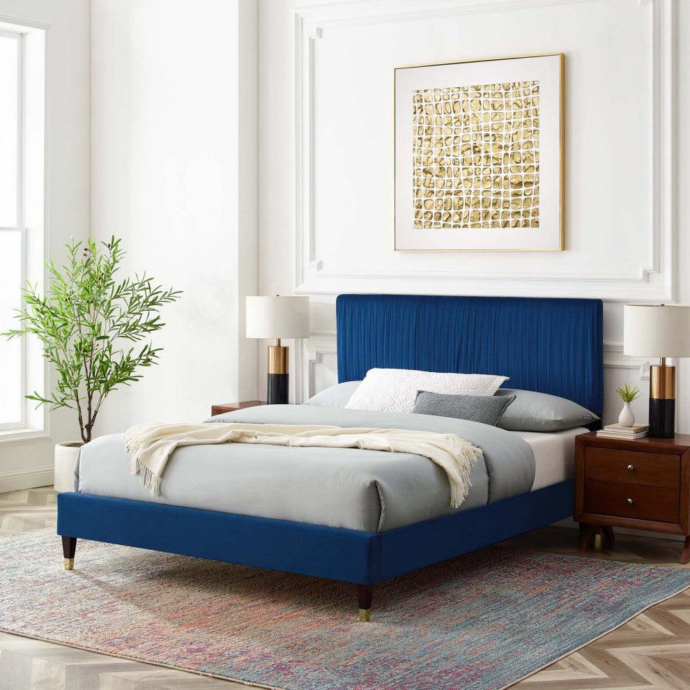 Platform Bed Frame, Queen Size, Velvet, Blue Navy, Modern Contemporary, Bedroom