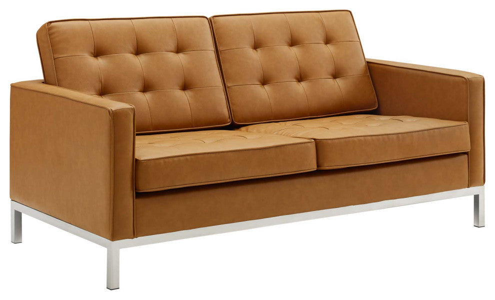 Loft Tufted Upholstered Faux Leather 3 Piece Set Silver Tan